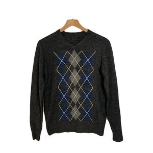 Muji‎ Women's Sweater Small Gray V-Neck 100% Wool Argyle Knit Navy White Classic
